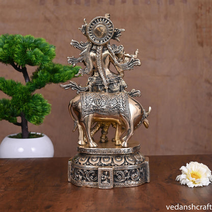 Brass Lord Krishna With Cow Idol (12")