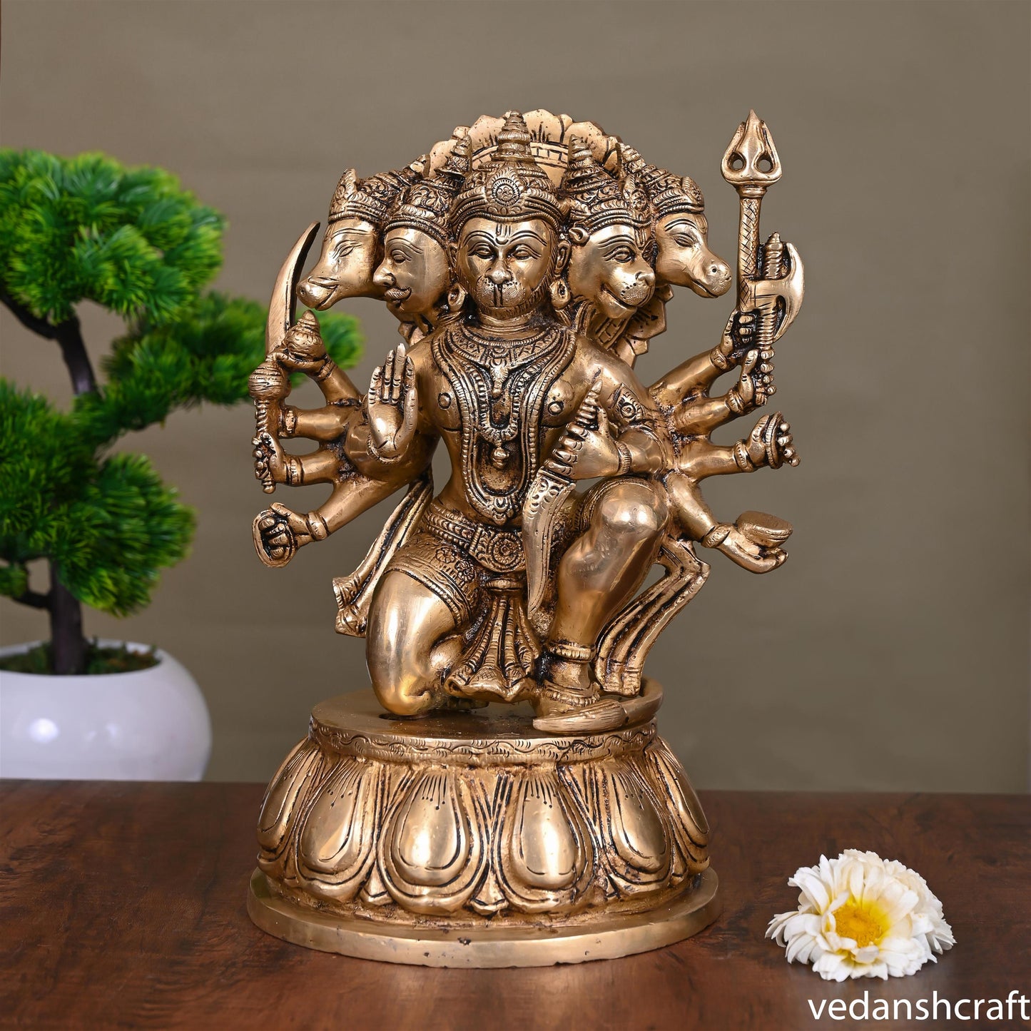 Brass Superfine Sitting Panchmukhi Hanuman Idol (12.2 Inch)