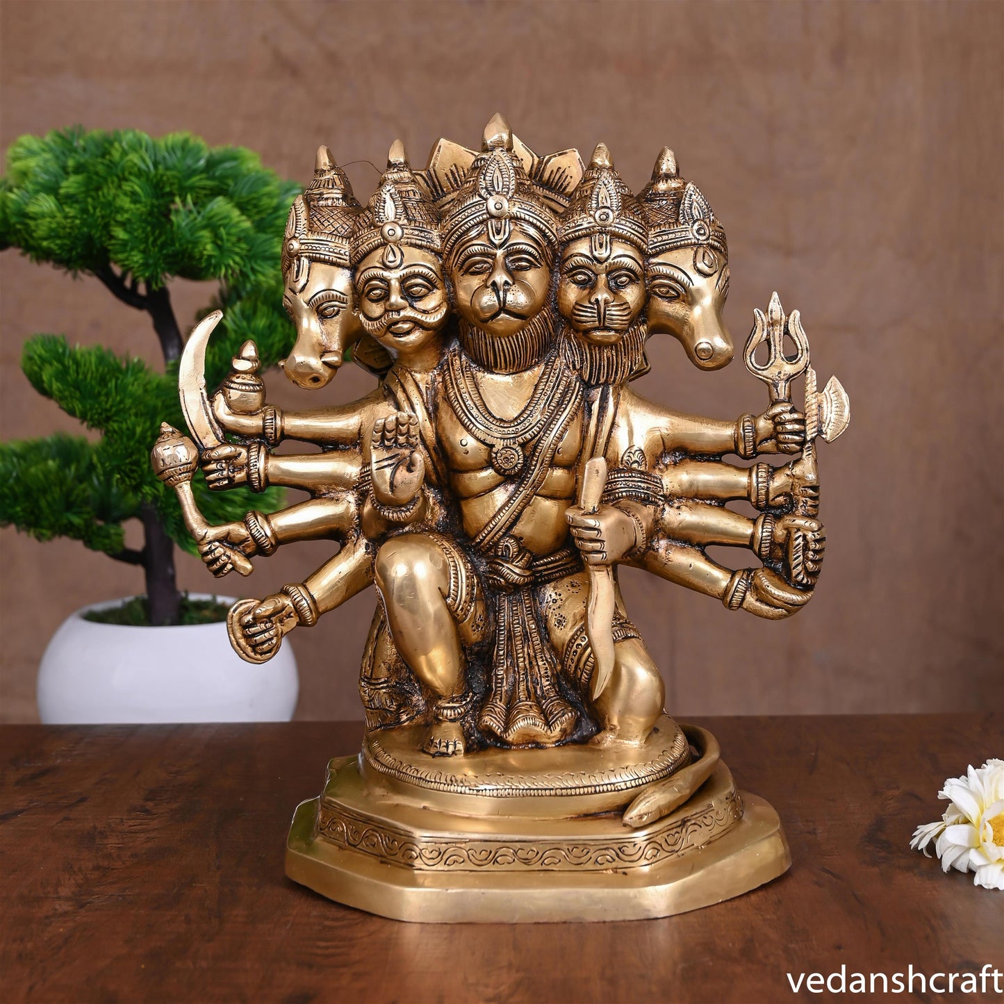 Brass Superfine Sitting Panchmukhi Hanuman Idol (11 Inch)