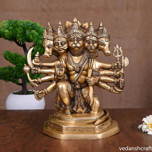 Brass Superfine Sitting Panchmukhi Hanuman Idol (11 Inch)