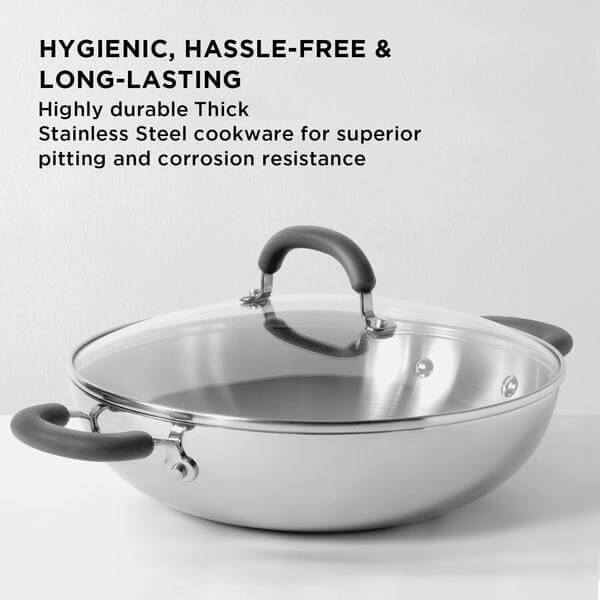 Meyer Trivantage Stainless Steel Triply Cookware 3pcs Set (26cm Frypan + Kadai/Wok with Interchangeable Glass Lid)