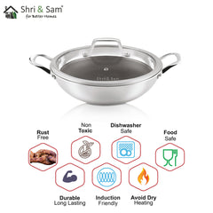 Stainless Steel Triply Non-Stick Kadhai with Glass Lid Linocut