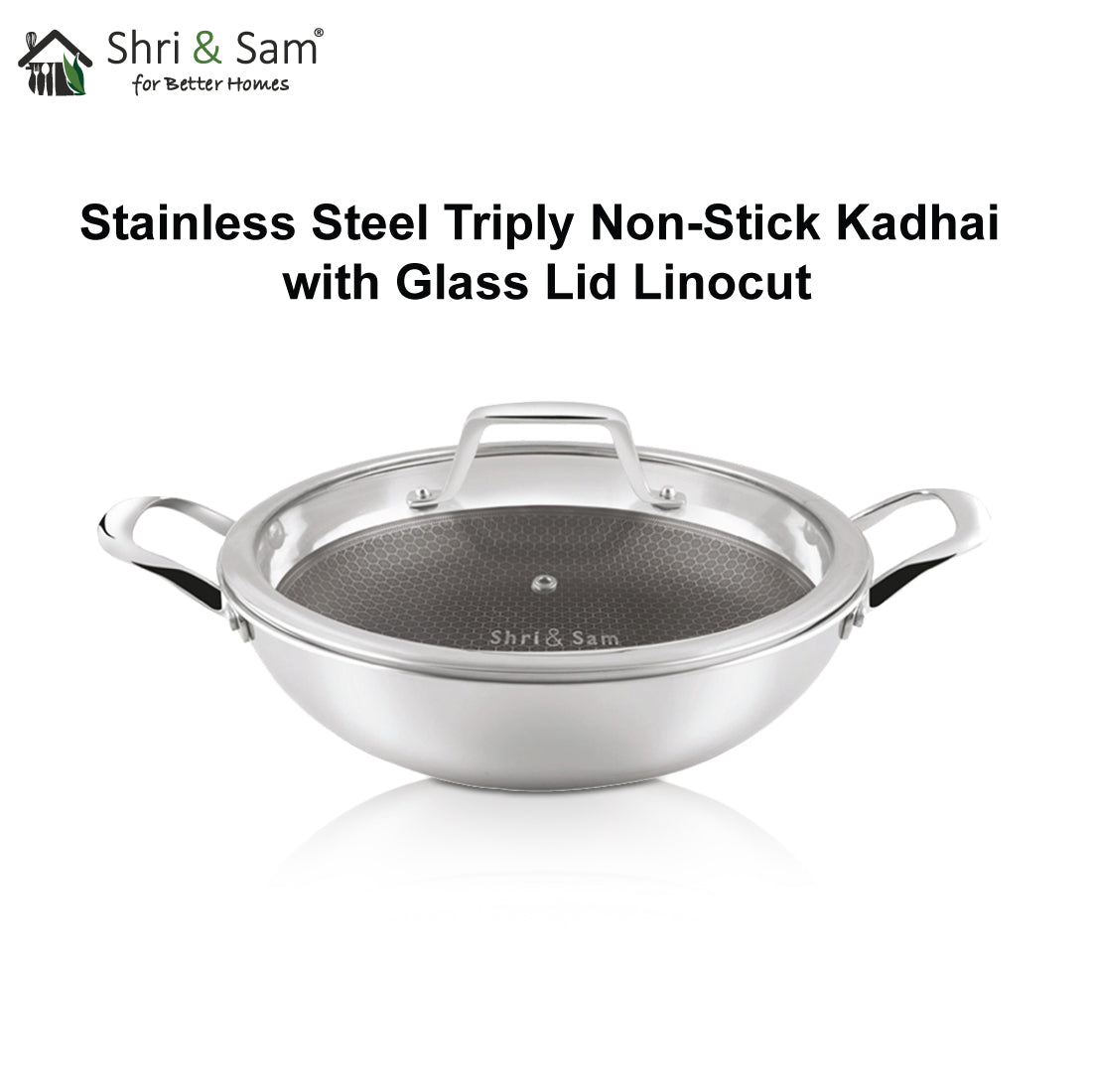 Stainless Steel Triply Non-Stick Kadhai with Glass Lid Linocut
