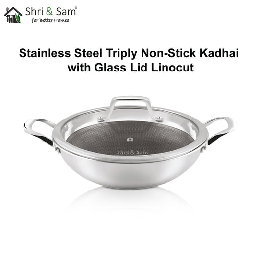Stainless Steel Triply Non-Stick Kadhai with Glass Lid Linocut