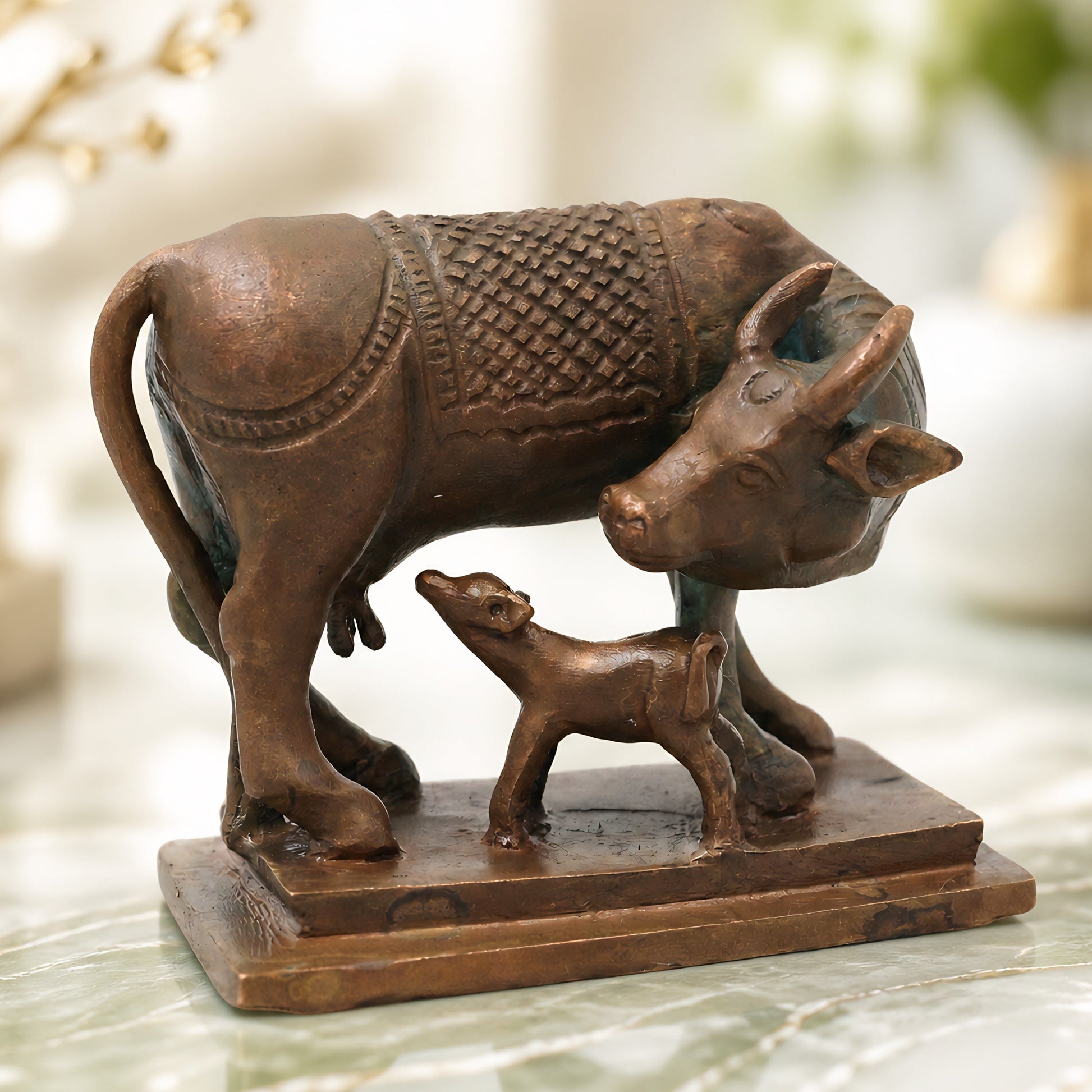 Bronze Kamdhenu Kamadhenu Surabhi Nandini Gomata Cow Idol Murti for Pooja Vastu Prosperity Decor, Brown, 2.5 Inch, 1 Piece