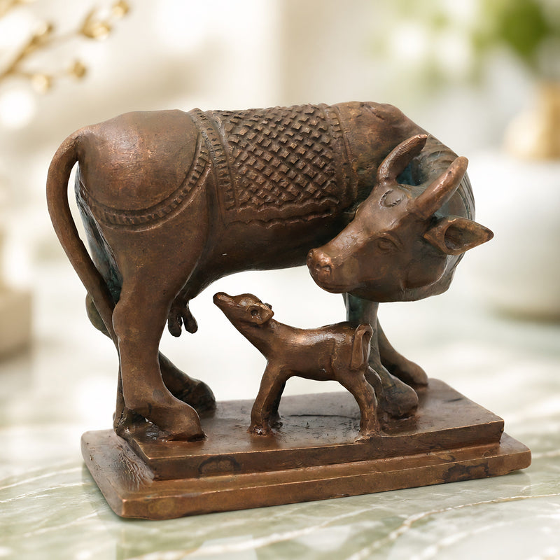 Bronze Kamdhenu Kamadhenu Surabhi Nandini Gomata Cow Idol Murti for Pooja Vastu Prosperity Decor, Brown, 2.5 Inch, 1 Piece