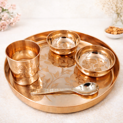 Bronze Dinner Set, Kansa Bhojan Thali, Handcrafted Panchaloha Kansya Pittalai Traditional Indian Dining Set with Plate Bowls Glass Spoon, Gold, 10.24 Inch, 6 Pieces Complete Set