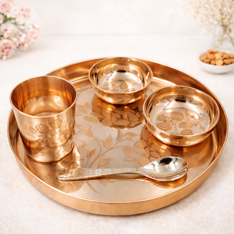 Bronze Dinner Set, Kansa Bhojan Thali, Handcrafted Panchaloha Kansya Pittalai Traditional Indian Dining Set with Plate Bowls Glass Spoon, Gold, 10.24 Inch, 6 Pieces Complete Set