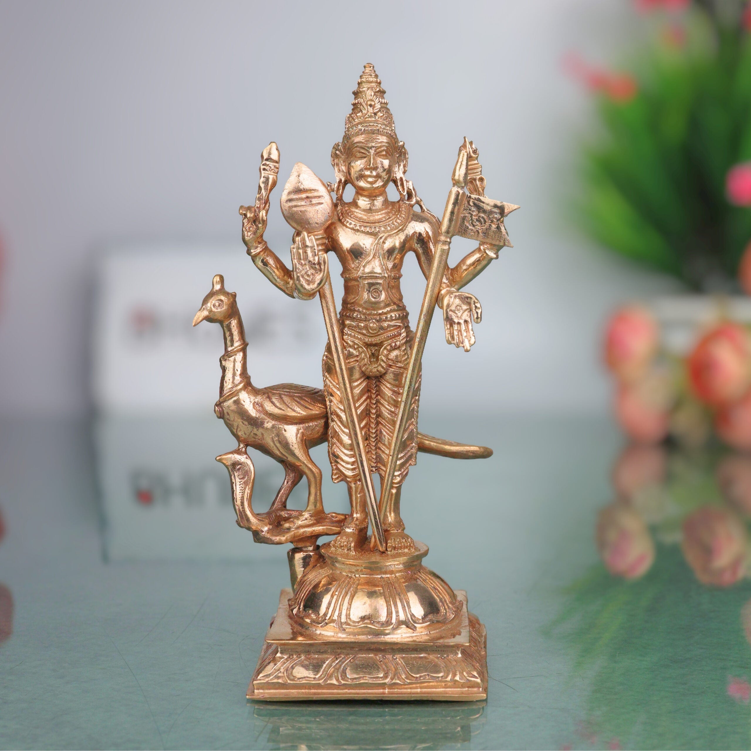 Bronze Murugan Idol, Handcrafted Kartikeya Subramanya Skanda Shanmukha Arumugam Velan Divine South Indian Chola Art Sculpture , Gold, 5 Inch, 1 Piece