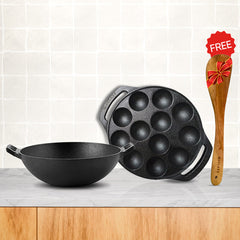 Cast Iron Combo - Kadai 10' Inch + Paniyaram 12 Cavities