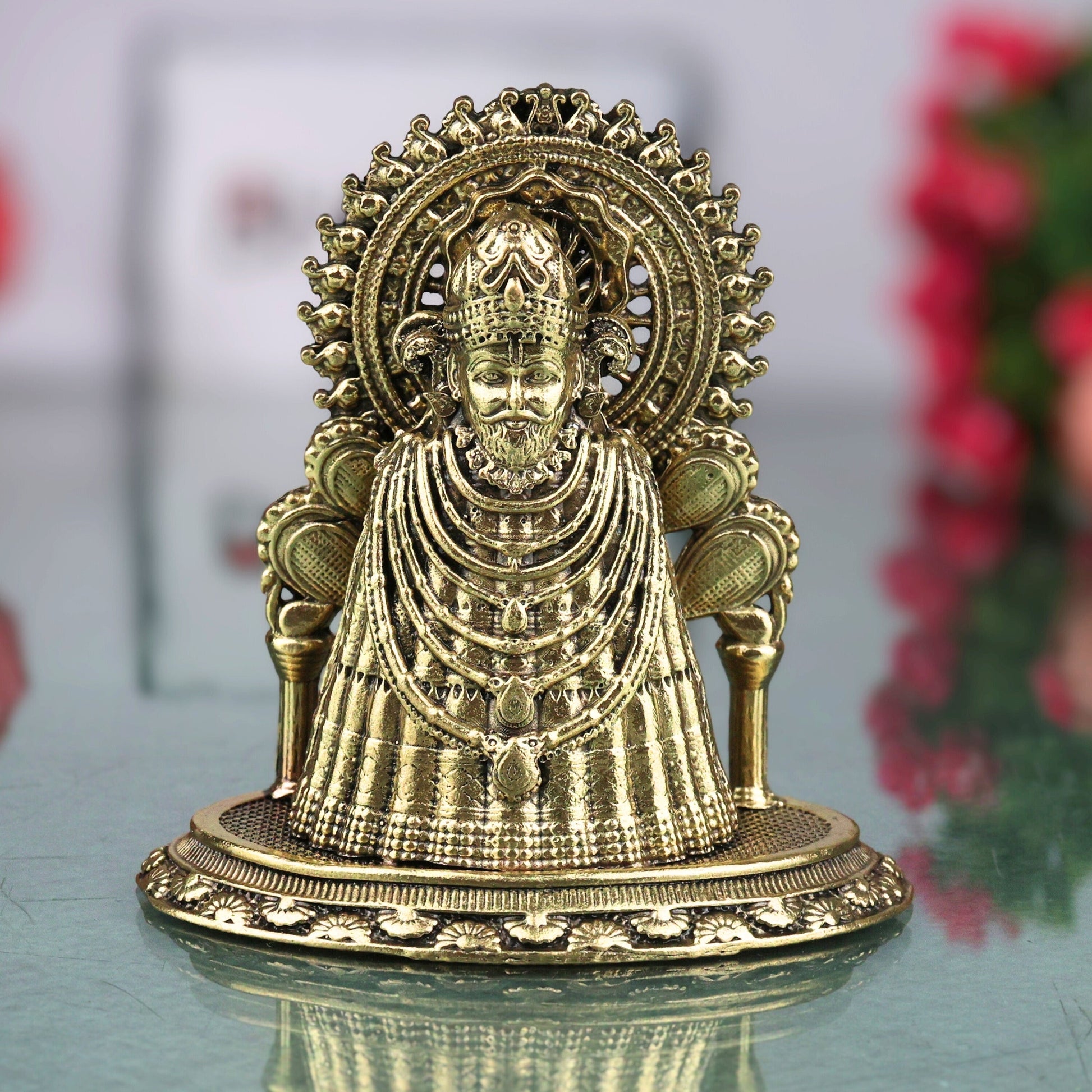 Brass Khatu Shyam Ji Idol Peetal Shyam Baba Murti Sheesh Ke Dani Teen Baan Dhaari Veer Barbarik Vigraha for Pooja Mandir Home Decor Gift, Gold, 3.5 Inch, 1 Piece