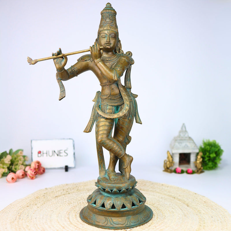 Bronze Panchaloha Lord Krishna Idol | Bal Gopal, Govinda, Kanha, Shyam, Banke Bihari, Venu Gopal Murti Sculpture for Puja & Home Décor, Brown, 21.5 Inch, 1 Piece