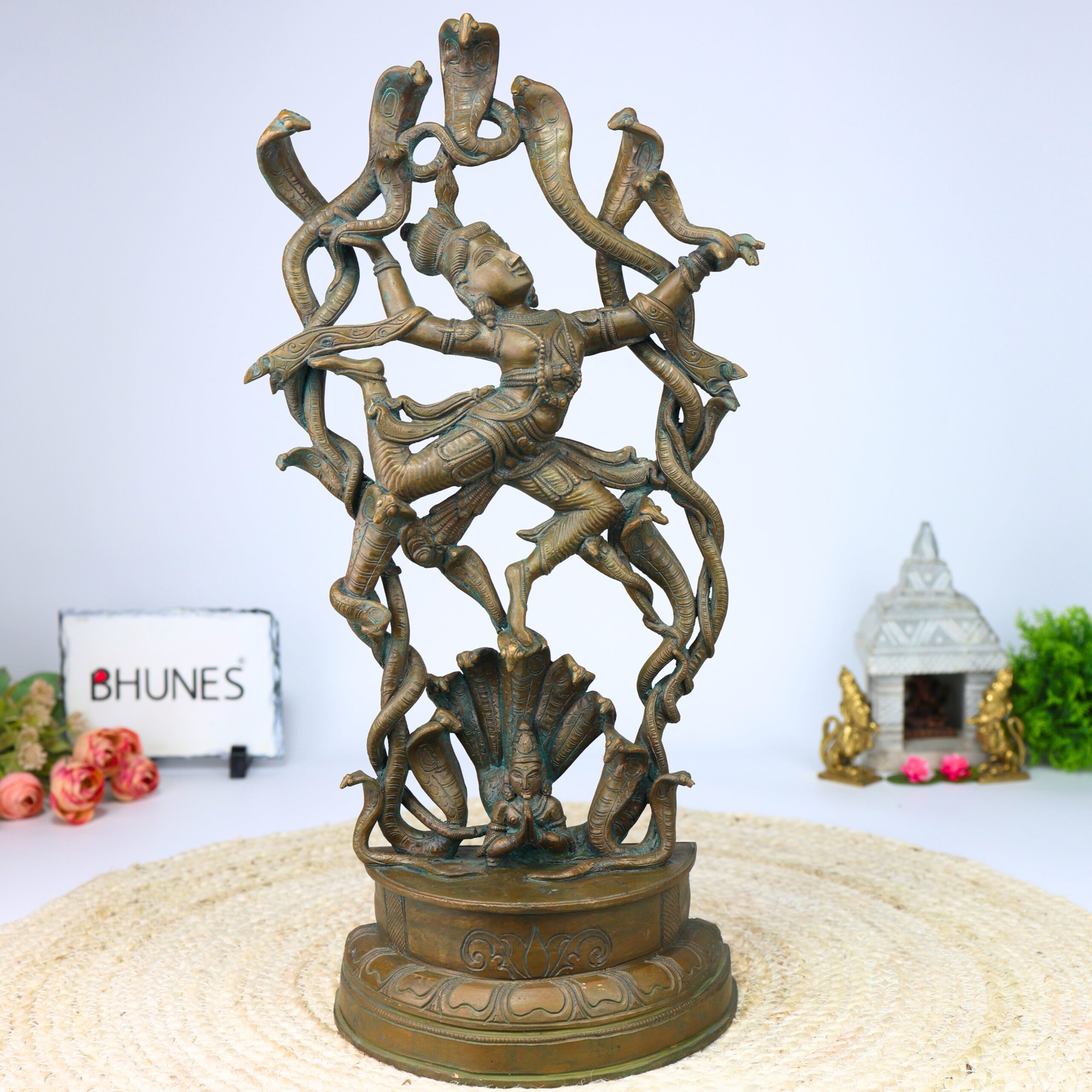 Handcrafted Panchaloha Krishna with Kaliya Idol, Kaliya Mardan Bronze Murti, Chola Art, South India Temple Sculpture, Brown, 18 Inch, 1 Piece