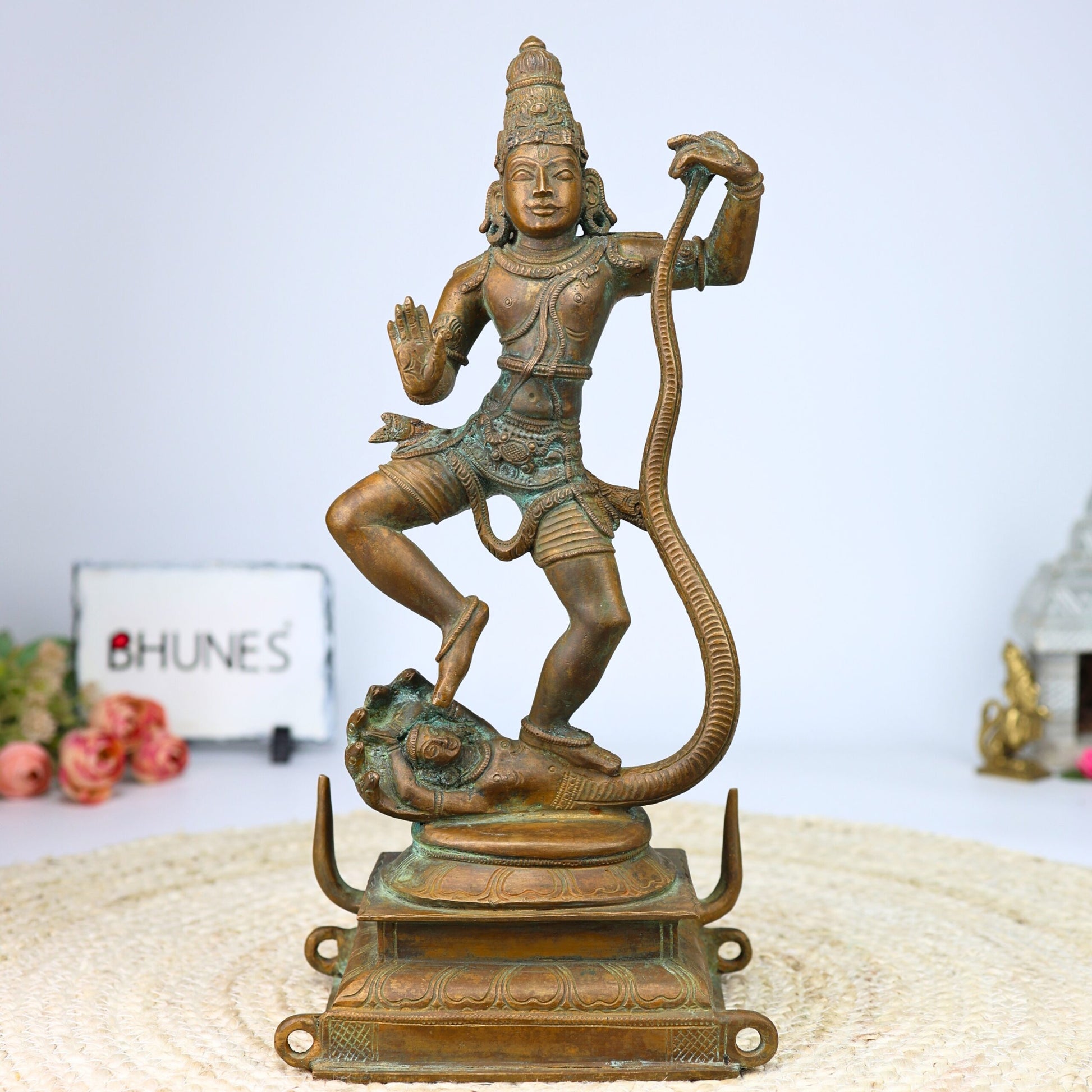 Bronze Krishna on Kaliya Nag Idol, Panchaloha Gopal Murti, nag Krishna Vigaraham for Pooja, Home Decor, Temple Sculpture ,Brown, 13.5 Inch, 1 Piece