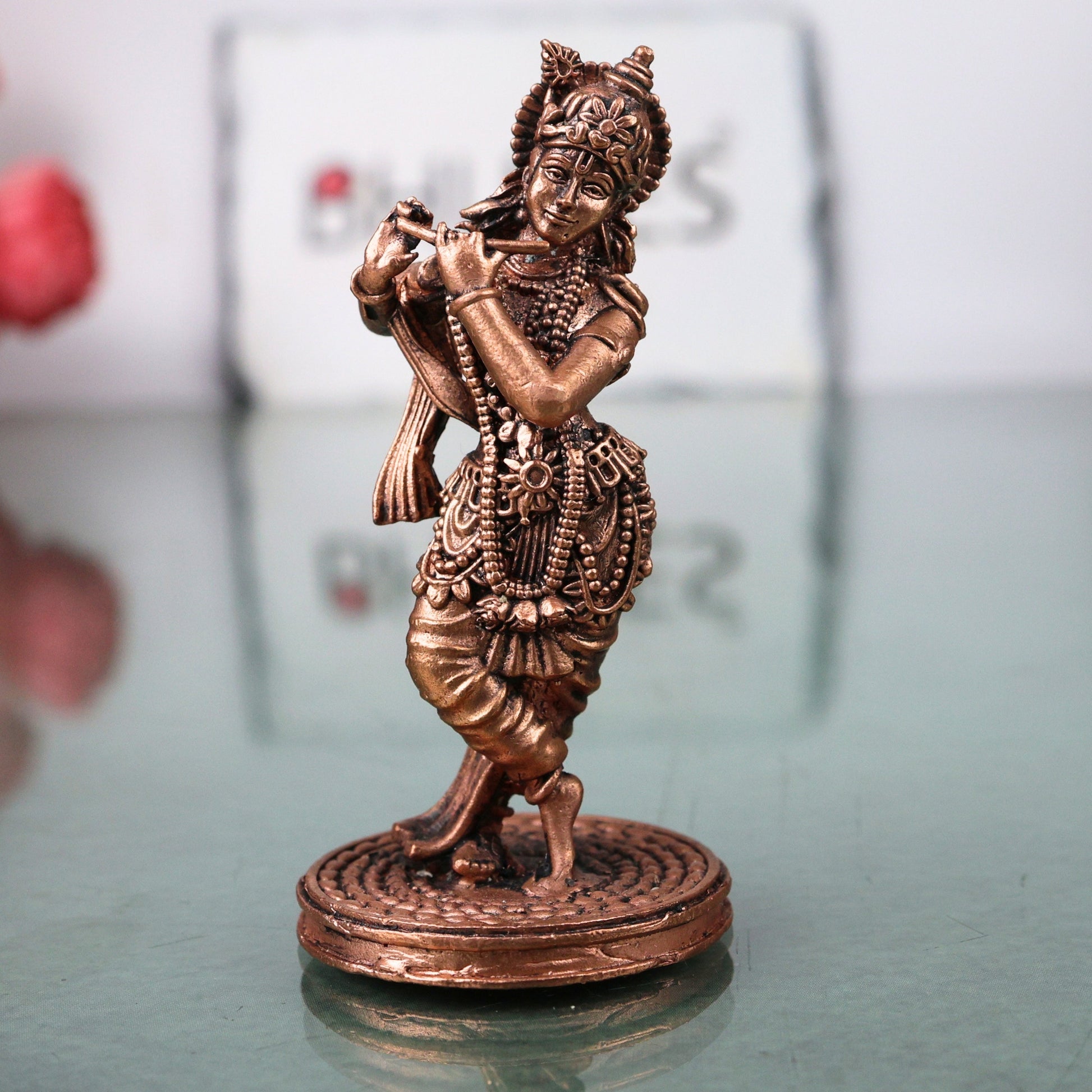 Copper Krishna Idol Tamra Vigraham Murti Gopala Govinda Kanhaiya Murlidhar Shyamsundar Statue for Pooja Home Decor, Brown, 3 Inch, 1 Piece
