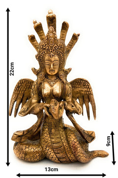 Brass Nagkanya Idol, Peetal Naga Kanya Nagini Manasa Devi Murti, Antique Nag Devi Sarpa Kanya Statue for Pooja, Home Decor & Gifts, Gold, 9 Inch, 1 Piece