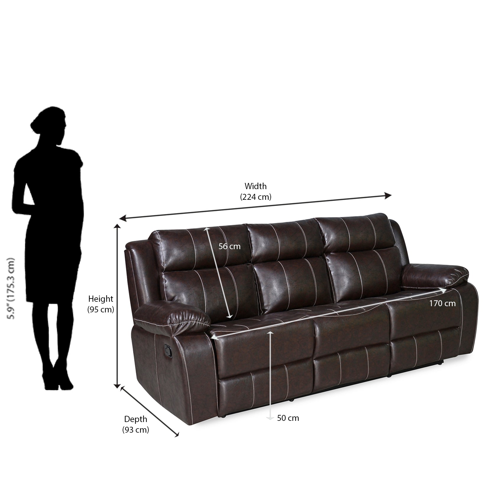Nilkamal Commander 3 Seater PVC Recliner Sofa (Brown)