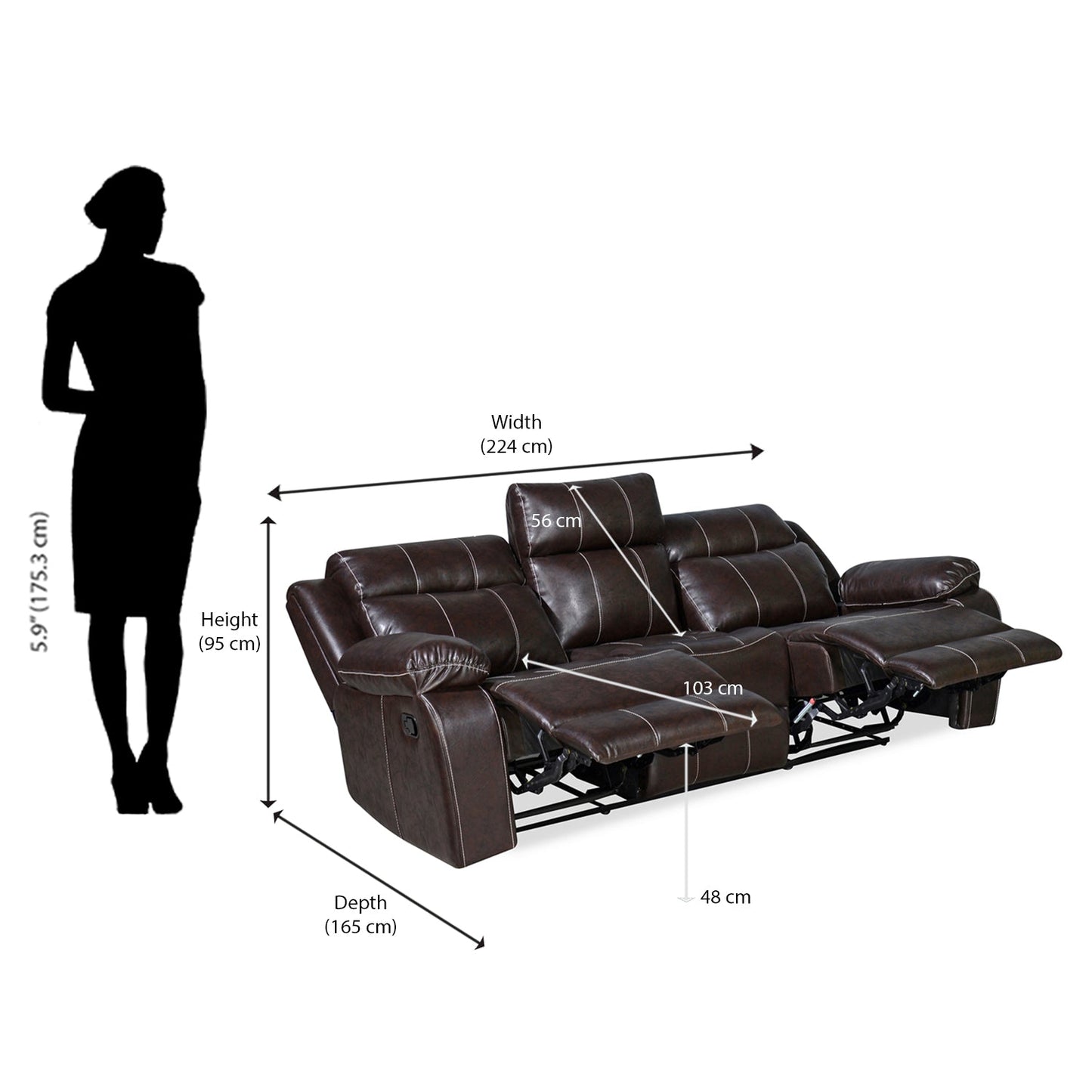 Nilkamal Commander 3 Seater PVC Recliner Sofa (Brown)