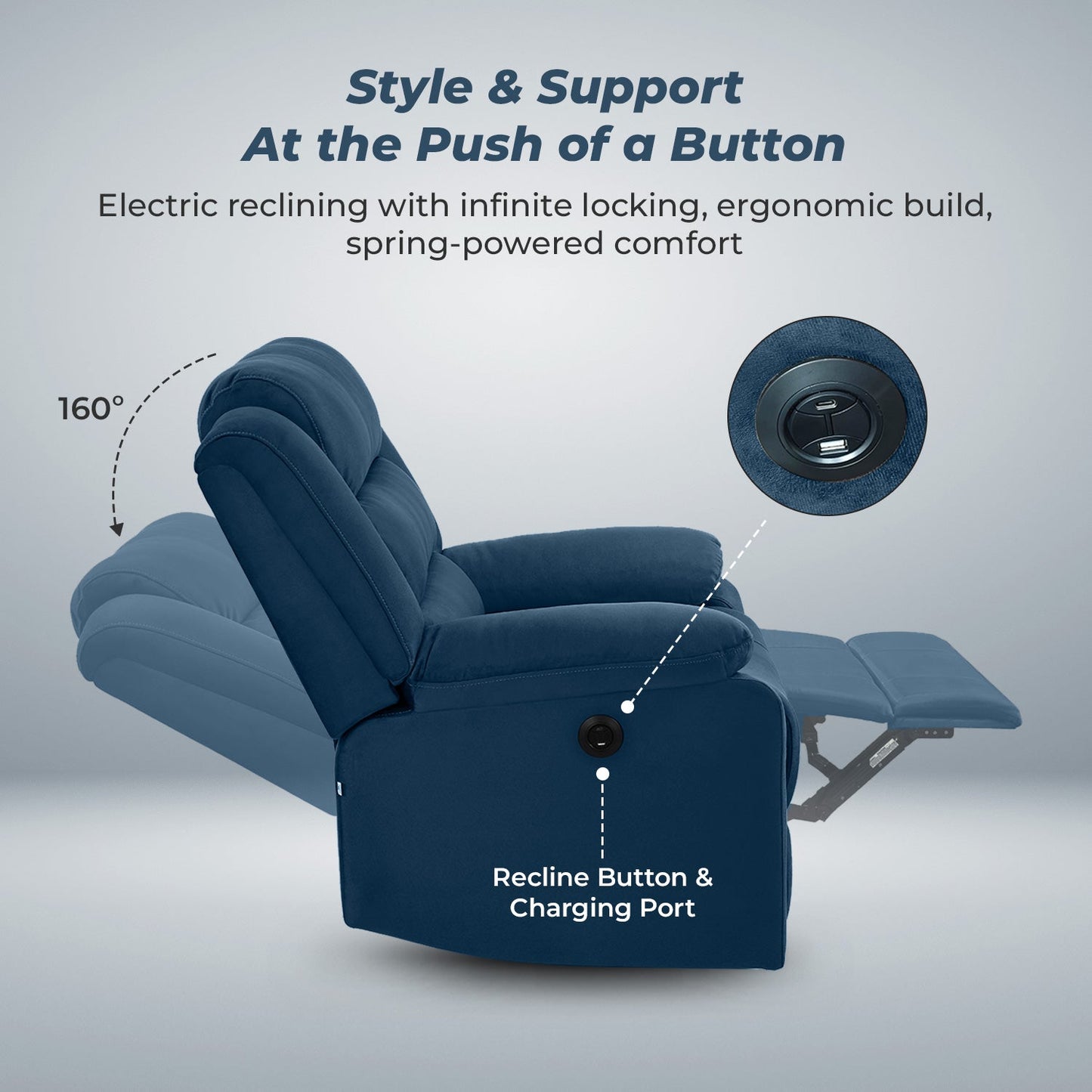 Nilkamal Sierra 1 Seater Electric Recliner Sofa (Blue)