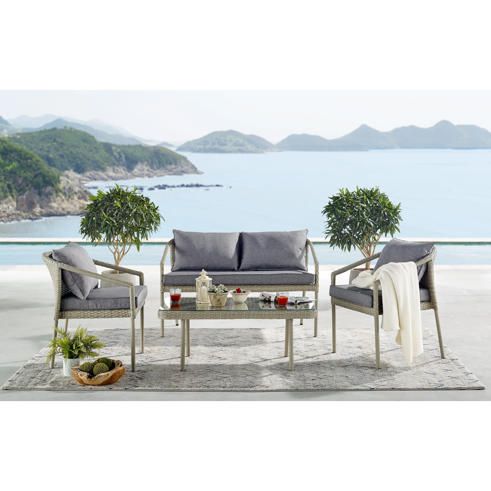 Coven Outdoor Garden Balcony Sofa Set 2 Seater, 2 Single seater and 1 Center Table Set (Cream)