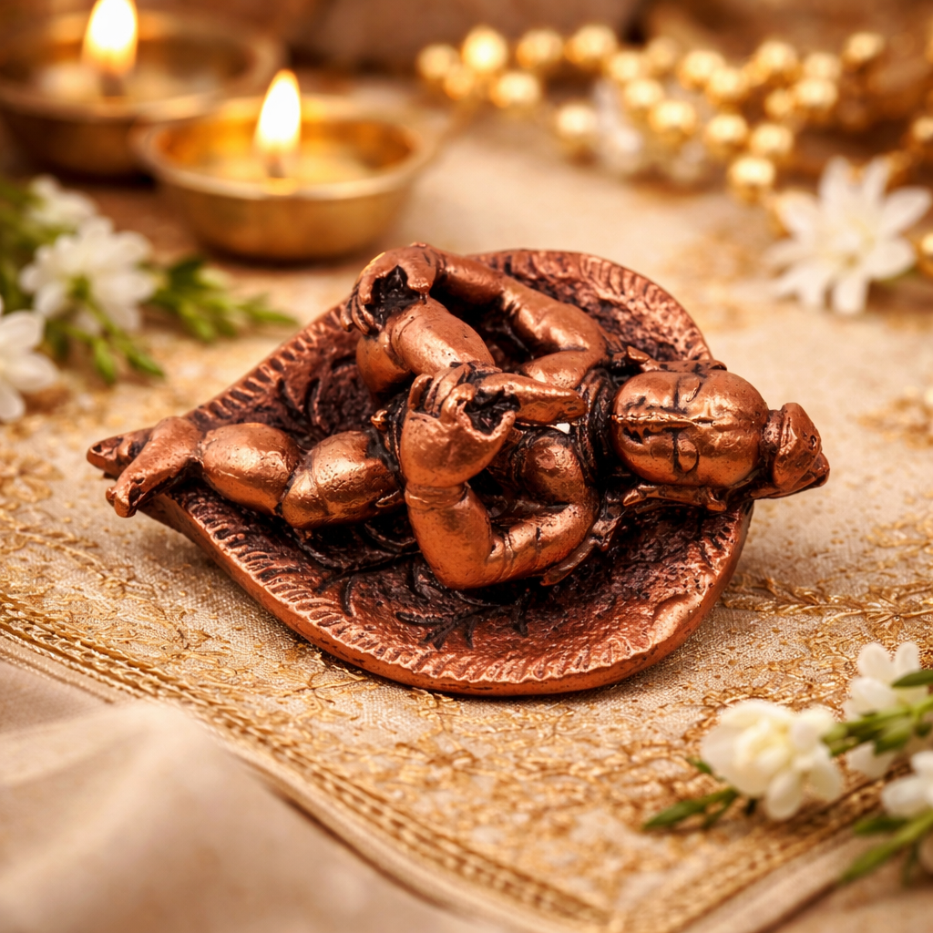 Copper Bala Krishna Idol on Leaf,Laddu Gopal Tamra Bal Gopal Balkrishna Murti Natkhat Kanhaiya Nandlal Navneet Makhan Chor Child Krishna Vigraha for Home Pooja Temple Decor, Brown, 1 Inch, 1 Piece