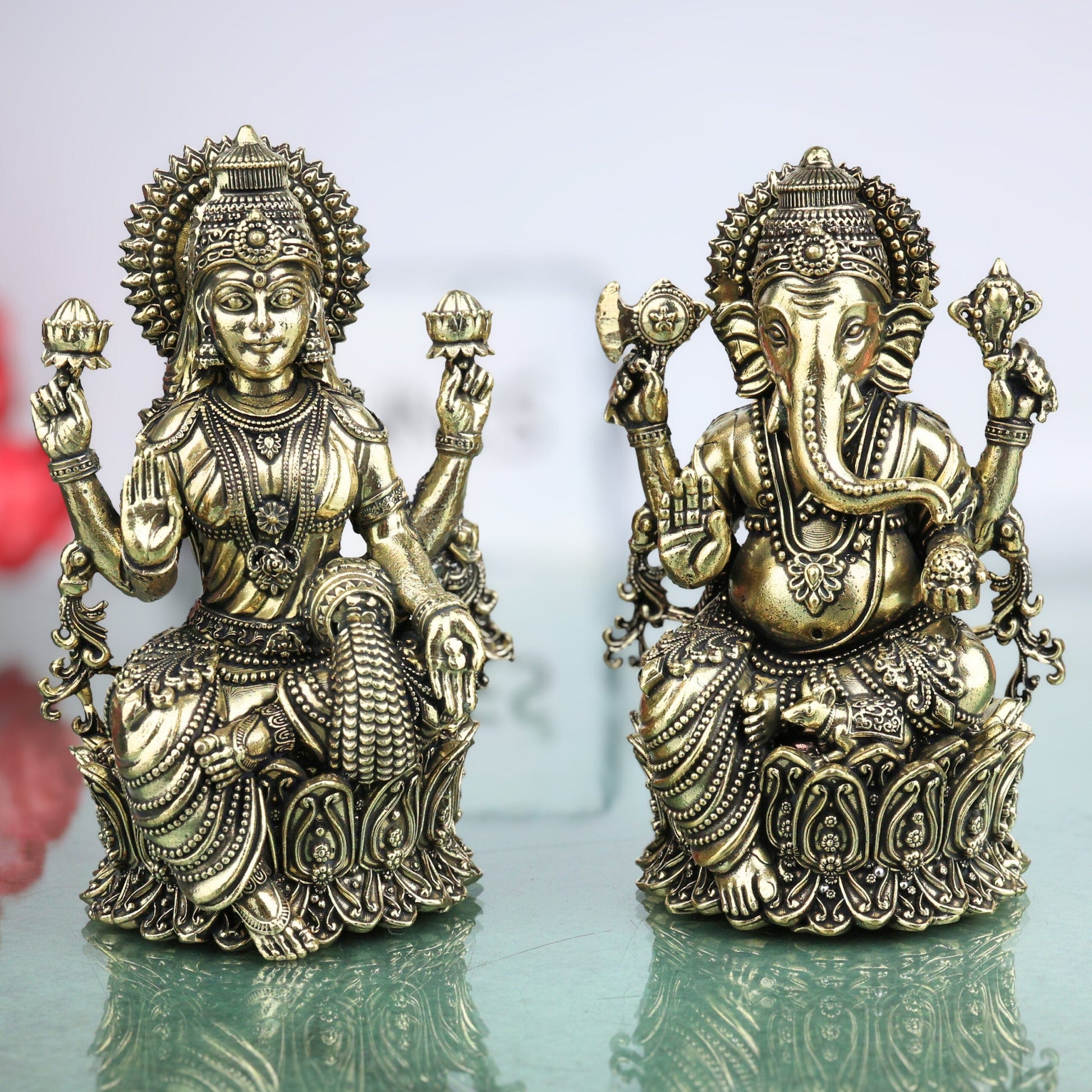 Brass Ganesha Lakshmi Idol, Handcrafted Lakshmi Ganapati Murti, Sri Lakshmi Sahita Ganesh Vigraham for Puja, Home Decor & Prosperity, Gold, 5 Inch, 2 Piece