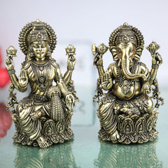 Brass Ganesha Lakshmi Idol, Handcrafted Lakshmi Ganapati Murti, Sri Lakshmi Sahita Ganesh Vigraham for Puja, Home Decor & Prosperity, Gold, 5 Inch, 2 Piece