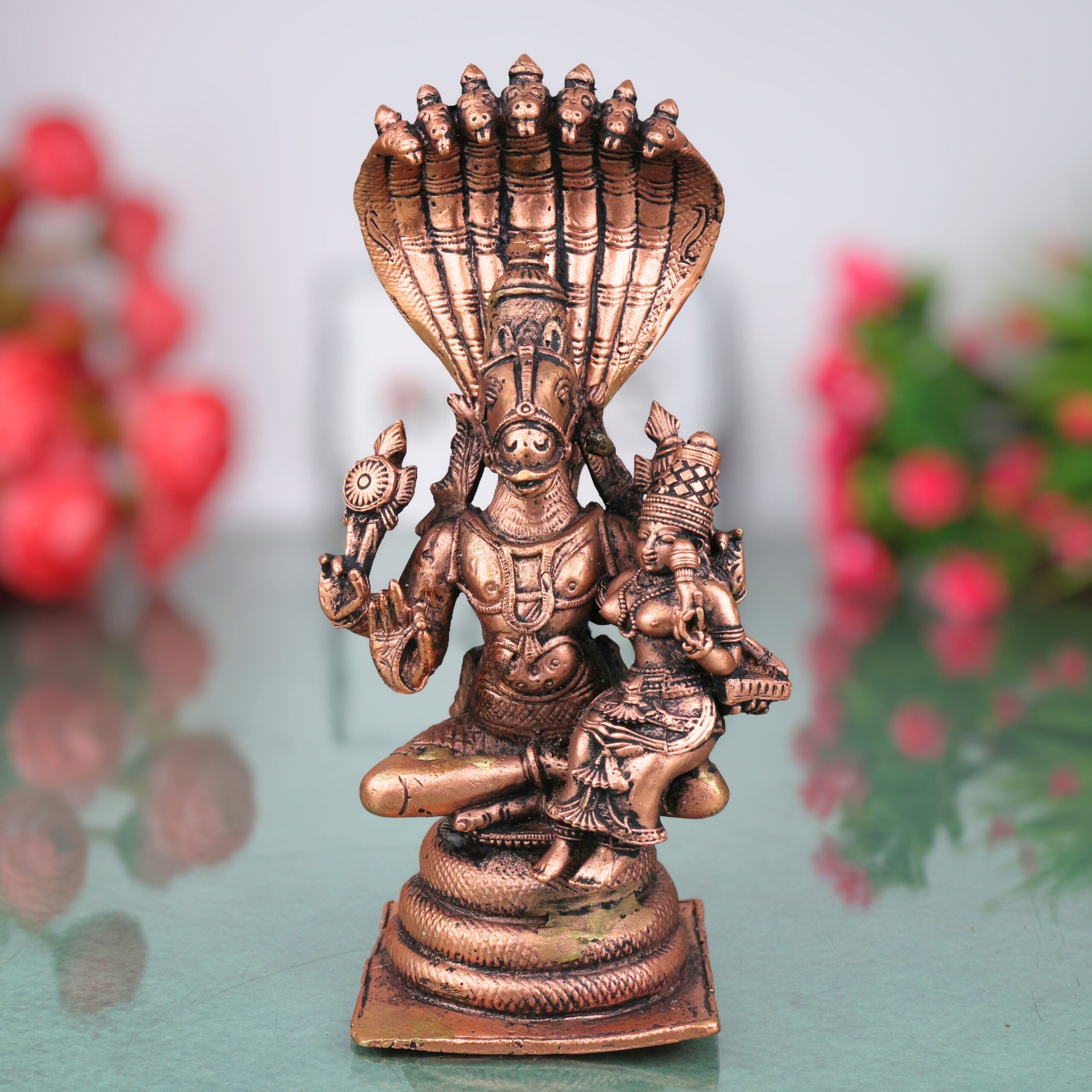 Copper Sri Hayagriva Lakshmi Idol with Nag Aura, Tamra Lakshmi Hayagreeva Swamy Murti for Pooja Mandir Decor, Brown, 6.5 Inch, 1 Piece