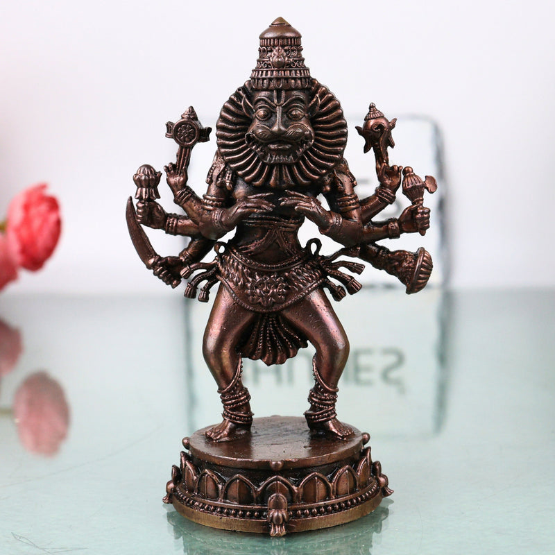 Copper Narasimha Idol, Ugra Narasimha Swamy Murti, Narasimhar Narasimhudu Narasingha Bhagwan Vishnu Avatar Statue for Home Temple Puja Decor, Tamra Finish Sculpture, Brown, 5 Inch, 1 Piece