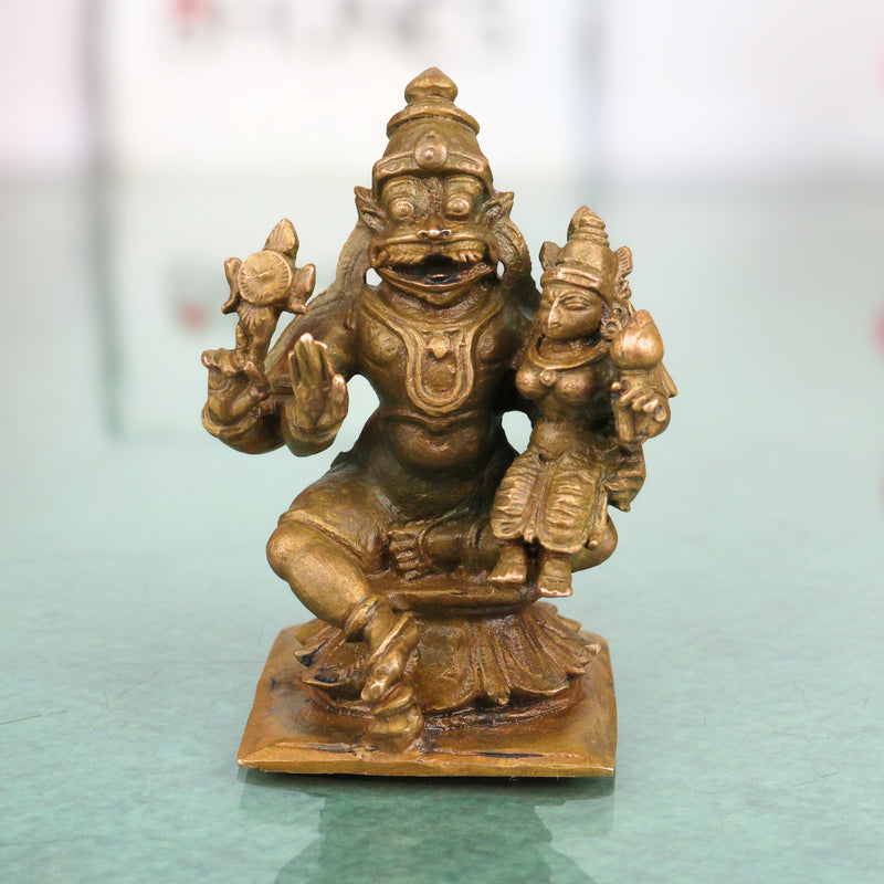 Sri Lakshmi Narasimha Swamy Bronze Idol, Lakshmi Narasimhar Narahari Narasimha Bhagavan Murti Vigraha for Home Puja Mandir Decor, Brown, 3 Inch, 1 Piece