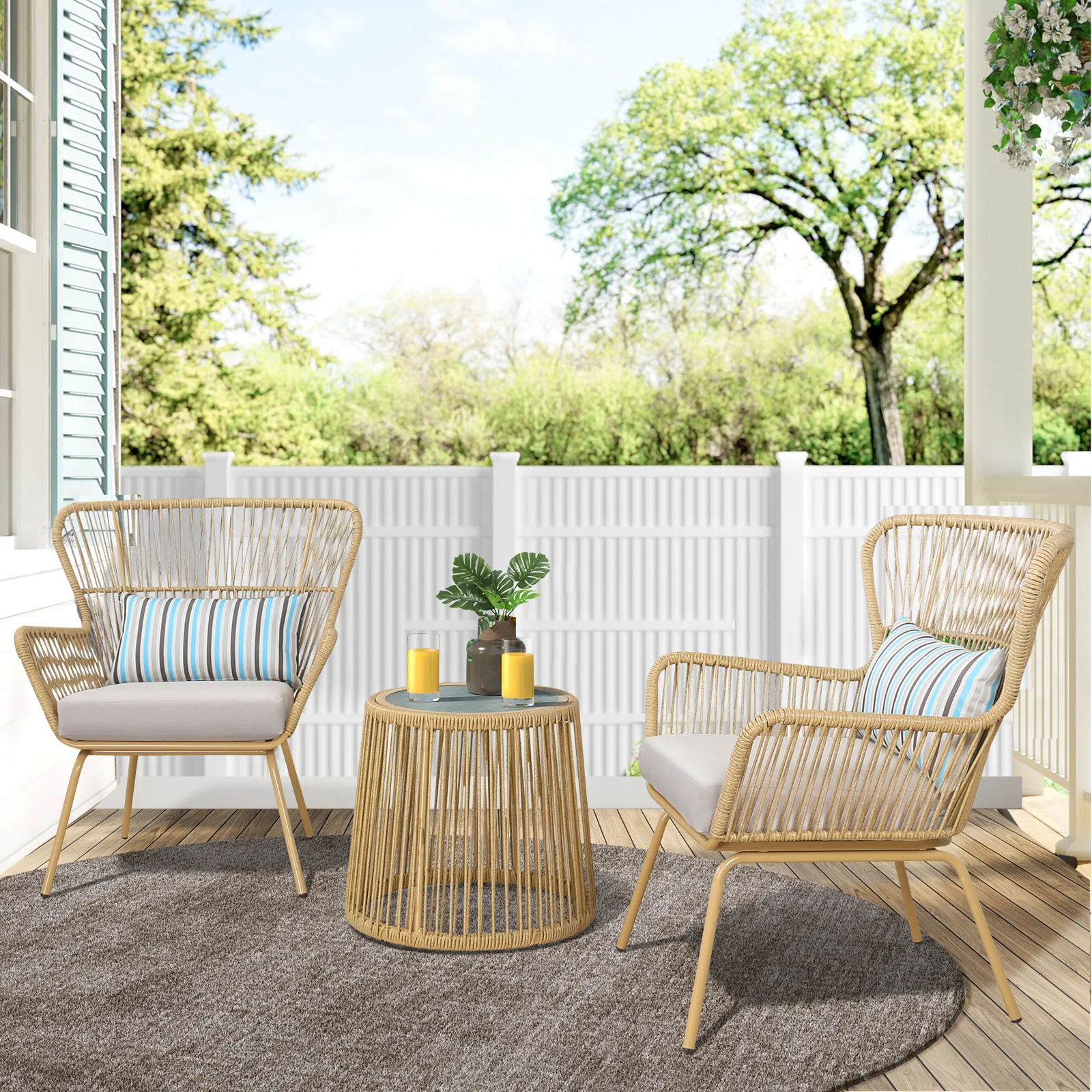 Row Outdoor Patio Seating Set 2 Chairs and 1 Table Set (Khaki)