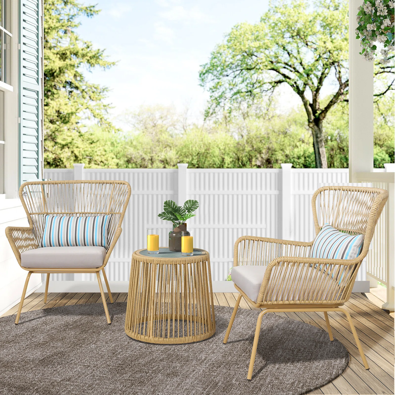 Row Outdoor Patio Seating Set 2 Chairs and 1 Table Set (Khaki)