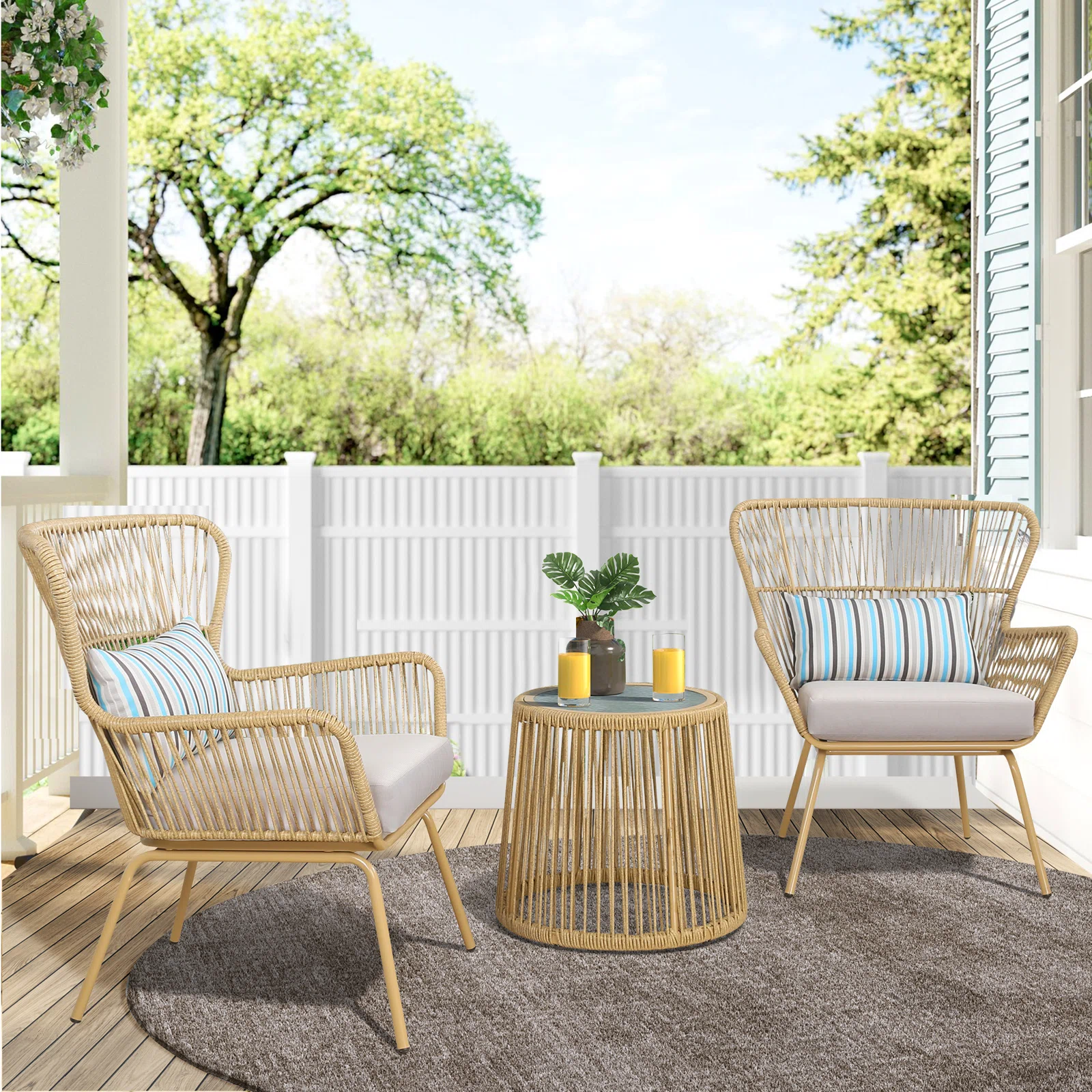 Row Outdoor Patio Seating Set 2 Chairs and 1 Table Set (Khaki)