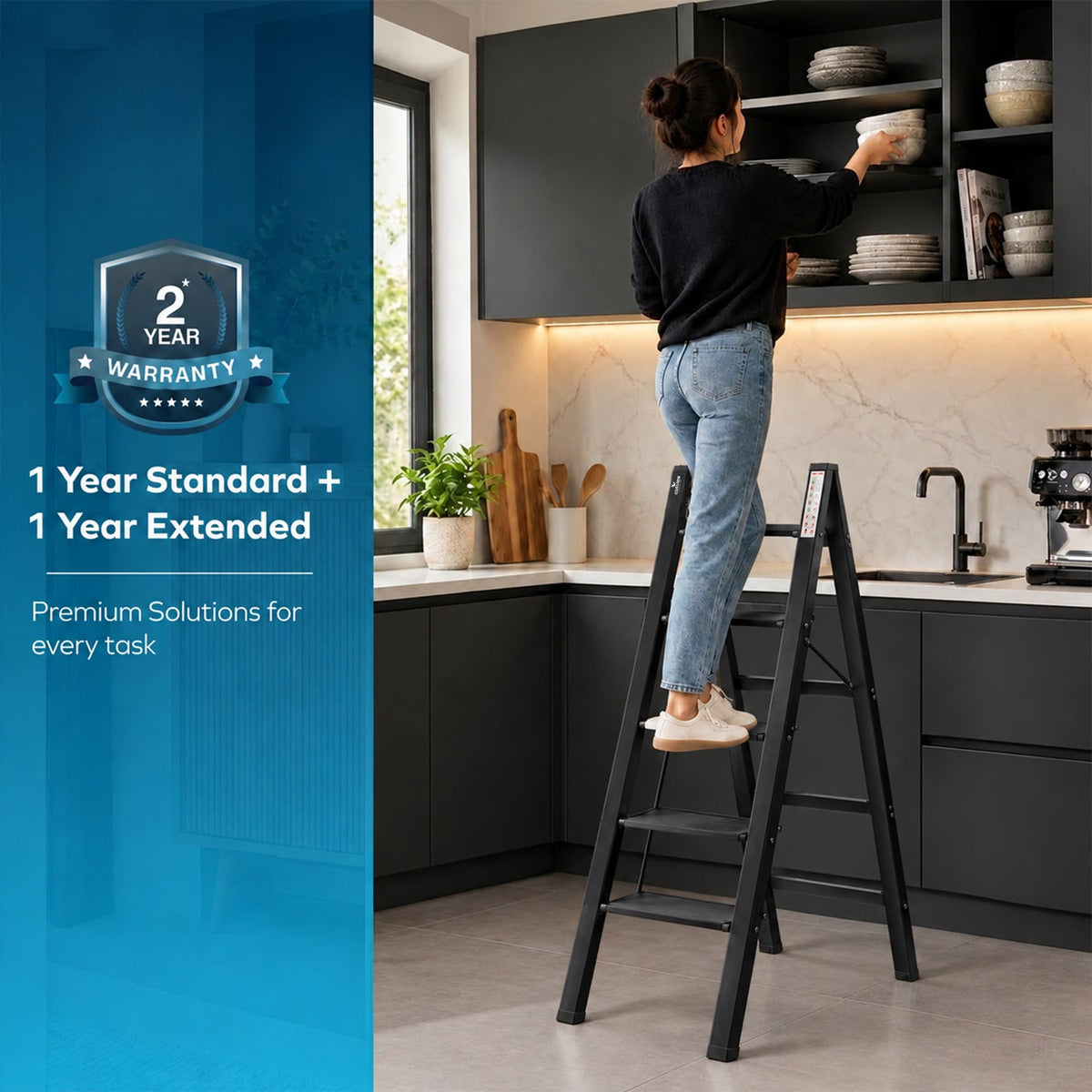 Corvids 5-Steps Premium Folding Step Stool with 2-Year Warranty (Black)-7