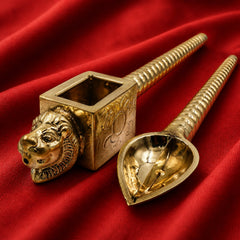 Brass Lion Head Homa Spoon Set For Vedic Sacrifices Yajna, Achamani Spoons For Havan,Gold, 18.5 Inch, 1 Piece