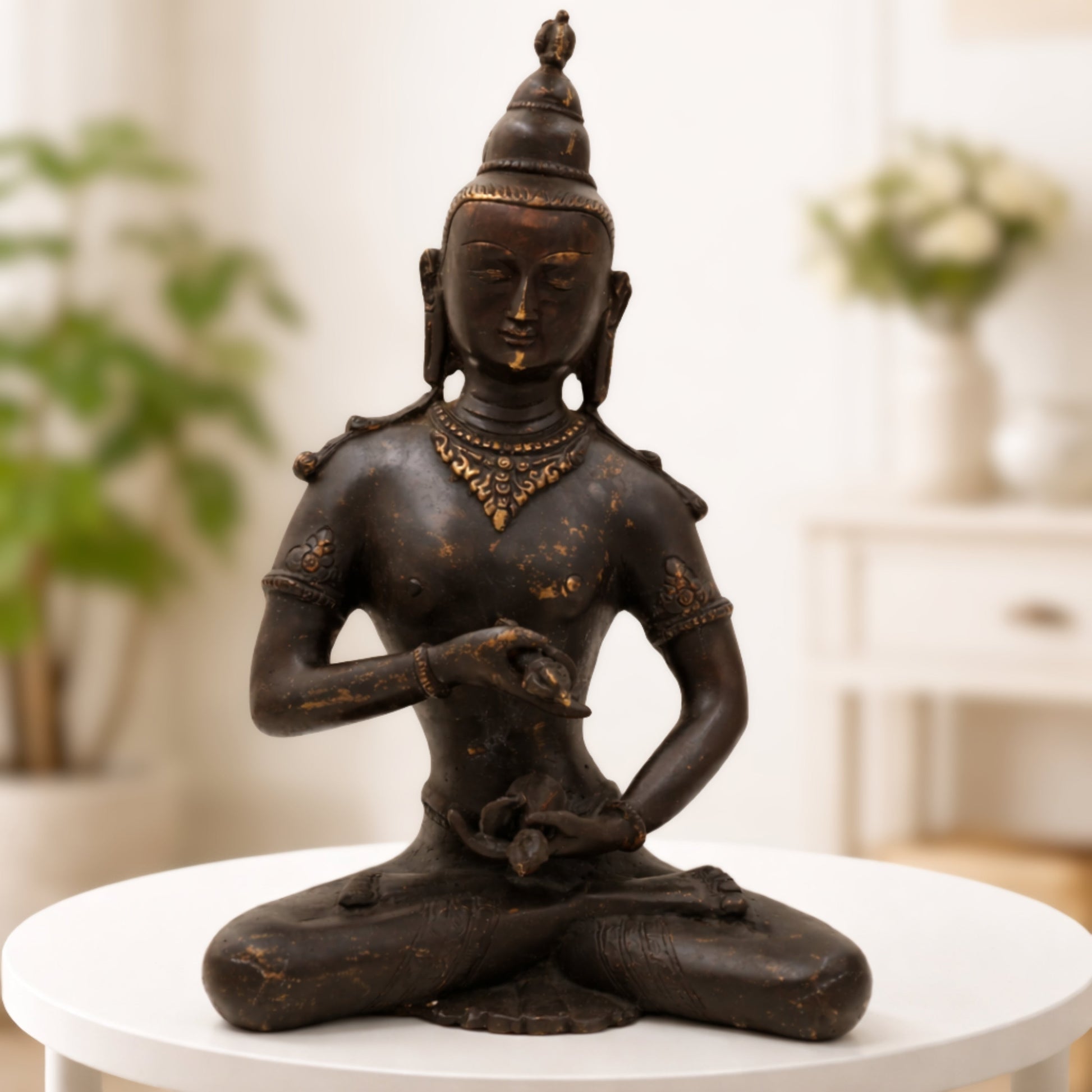 Brass Lokeshwar Buddha Idol | Avalokiteshvara Murti | Bodhisattva of Compassion Statue | Antique Peetal Vigraha for Home, Temple & Office Decor,Black, 13 Inch, 1 Piece