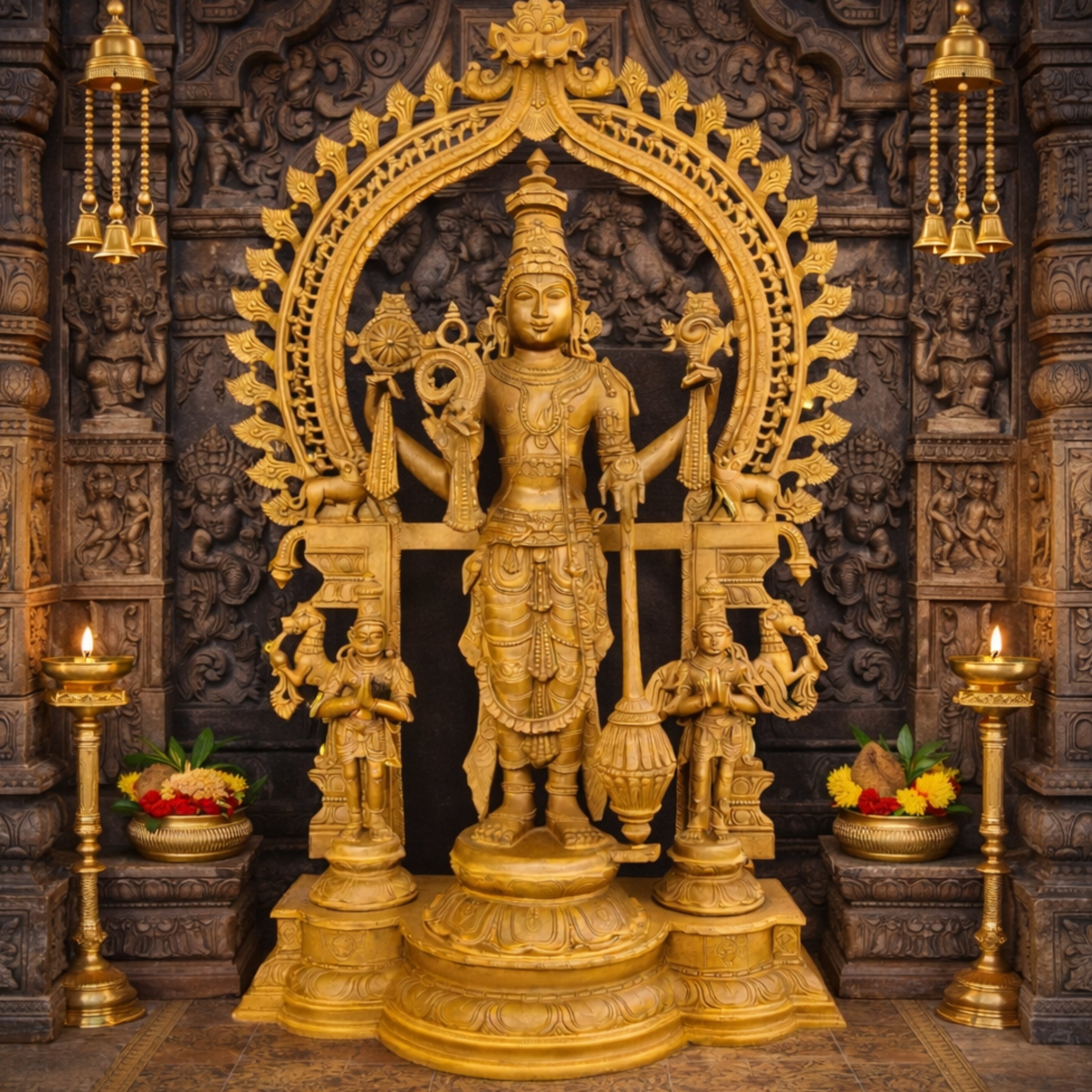 Panchaloha Bronze Vishnu Idol with Hanuman, Garuda & Prabhavali – Chola Art Narayana, Venkateswara, Govinda, Padmanabha Temple Sculpture,Brown, 41 Inch, 1 Piece