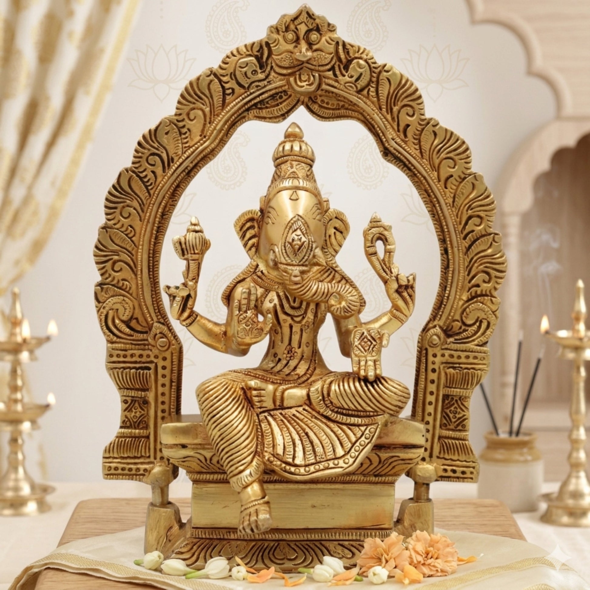 Brass Vinayaki Idol | Female Ganesha Murti | Stri Ganeshani Devi Statue | Pital Gajamukhi Yogini for Puja, Decor & Gifts, Gold, 8 Inch, 1 Piece
