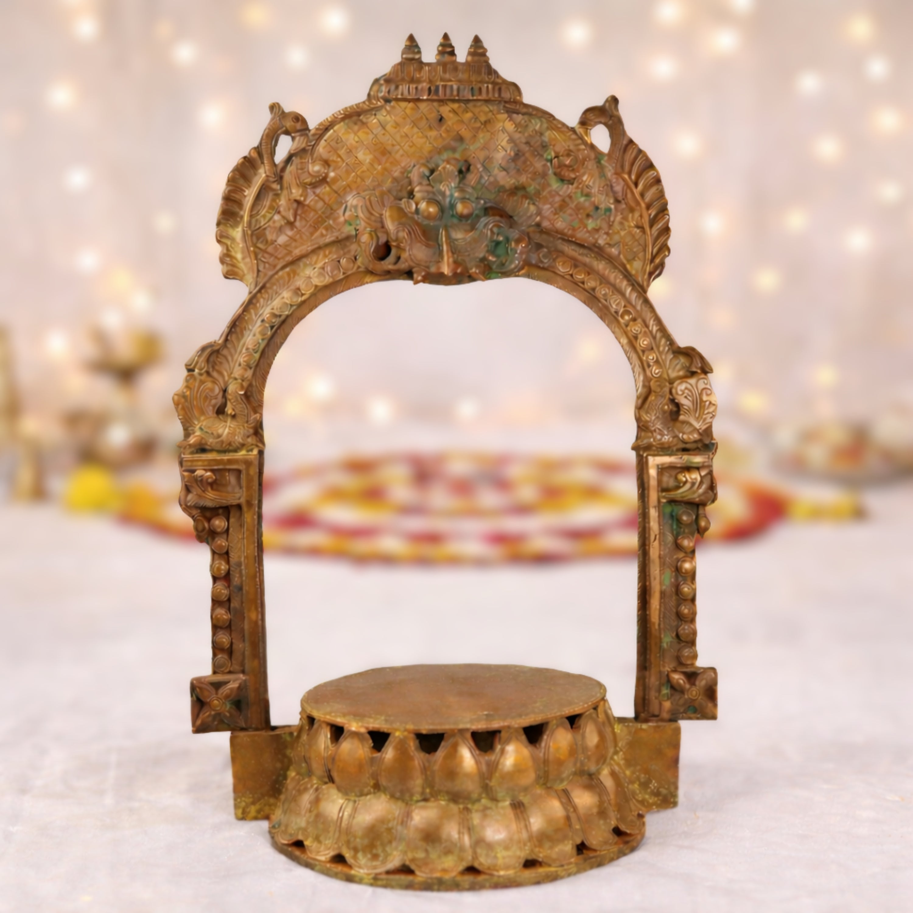 Bronze Lotus Chowki with Prabhavali, Handmade Panchaloha Kamal Peetha Peetalu Peetham Bajot for Temple Mandapam Sinhasan Pooja Mandir Stand, Brown, 22 Inch, 1 Piece