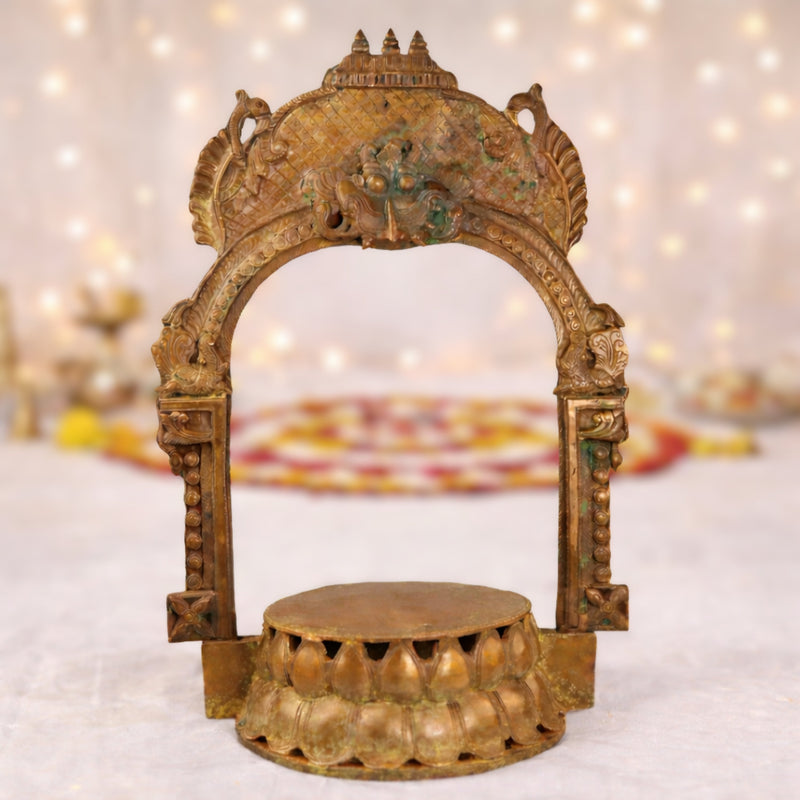 Bronze Lotus Chowki with Prabhavali, Handmade Panchaloha Kamal Peetha Peetalu Peetham Bajot for Temple Mandapam Sinhasan Pooja Mandir Stand, Brown, 22 Inch, 1 Piece