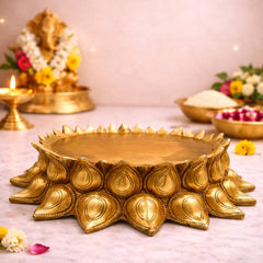 Bhunes Brass Lotus Shaped Pooja Chowki for Kalash and Deity, Handcrafted Mandir Bajot, Big Kamal Sinhasan Stand, Devotional Brass Platform for Temple, Home Decor, Rituals, Gold, 3 Inch, 1 Piece