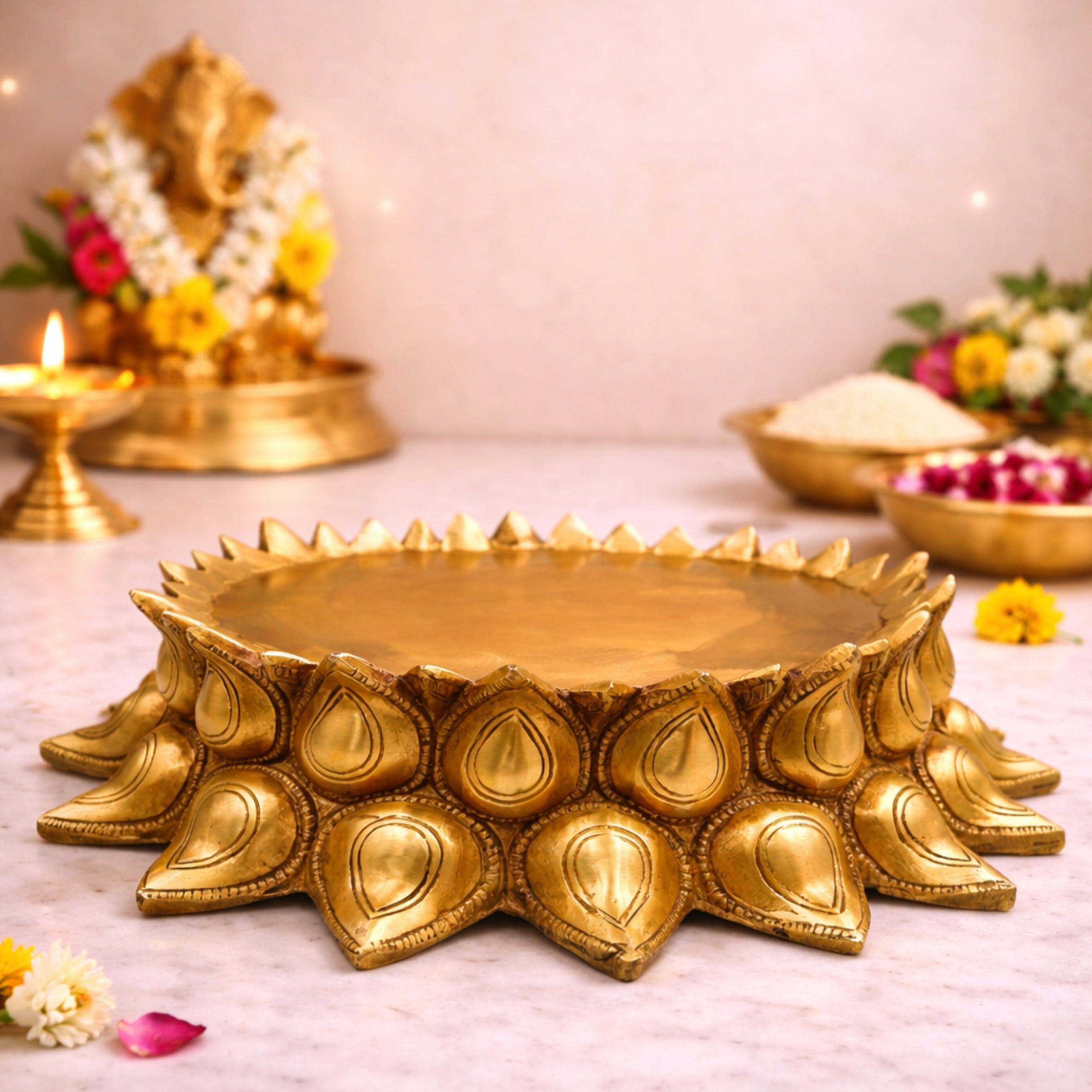 Bhunes Brass Lotus Shaped Pooja Chowki for Kalash and Deity, Handcrafted Mandir Bajot, Big Kamal Sinhasan Stand, Devotional Brass Platform for Temple, Home Decor, Rituals, Gold, 3 Inch, 1 Piece