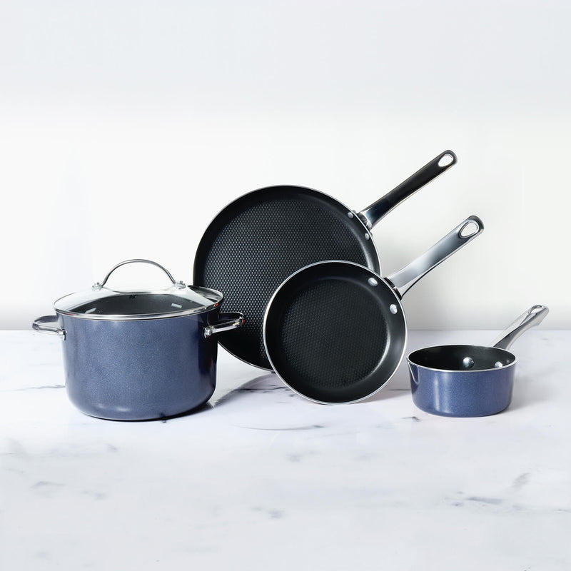 Meyer Luminescence Non-Stick 8pcs Cookware Set, Blue (Saucepan+Casserole/Biryani Pot+Frypan+Flat Tawa+Accessories)