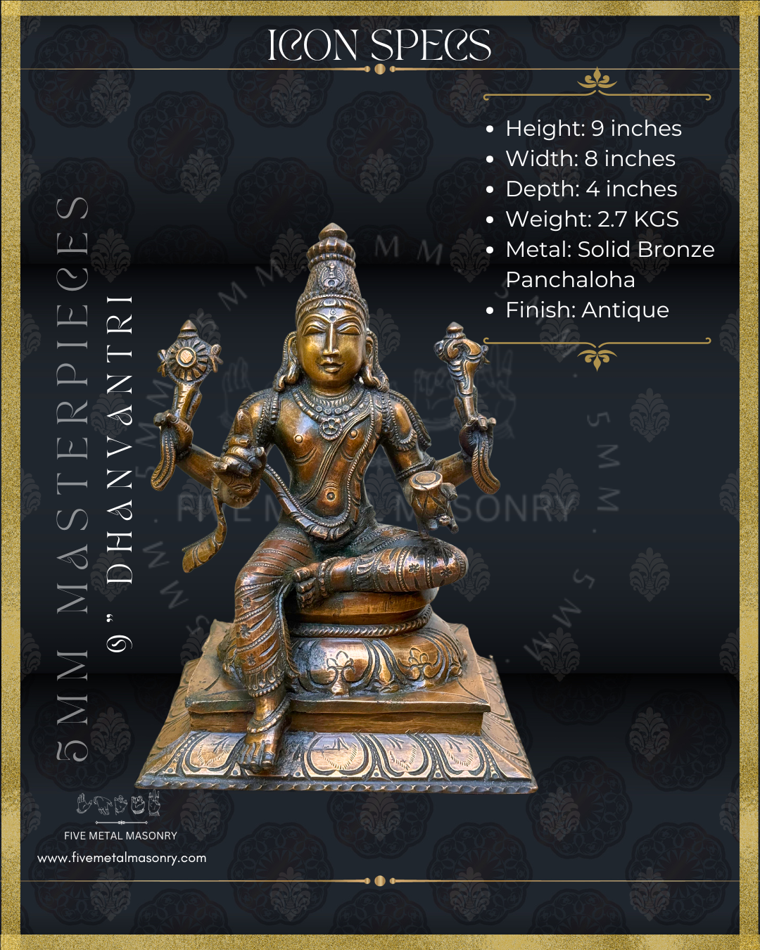 Dhanvantri Panchaloha Bronze Icon -9" -  Masterpieces Collection