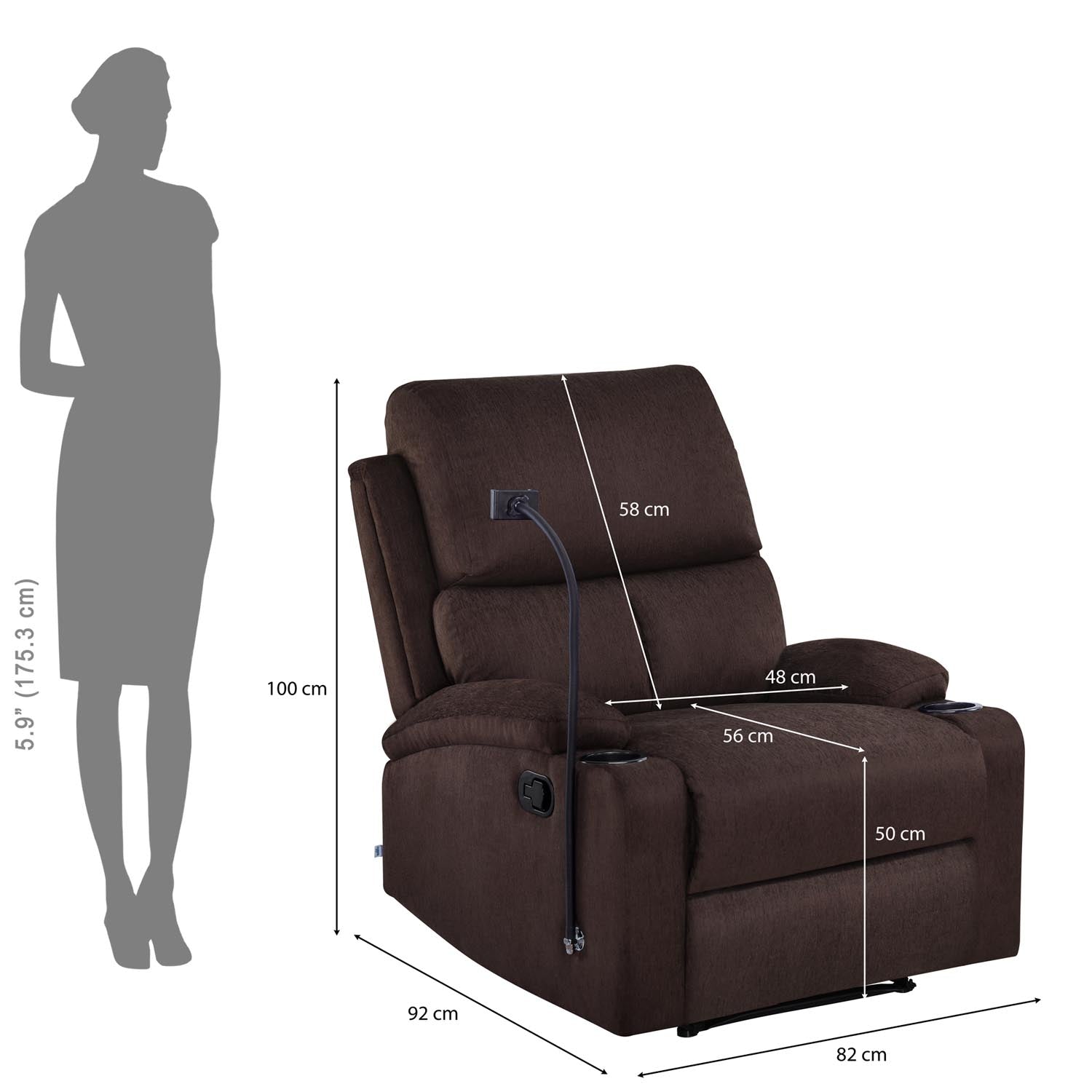 Nilkamal Matt 1 Seater Manual Recliner with Cup & Mobile Holder (Cocoa Brown)