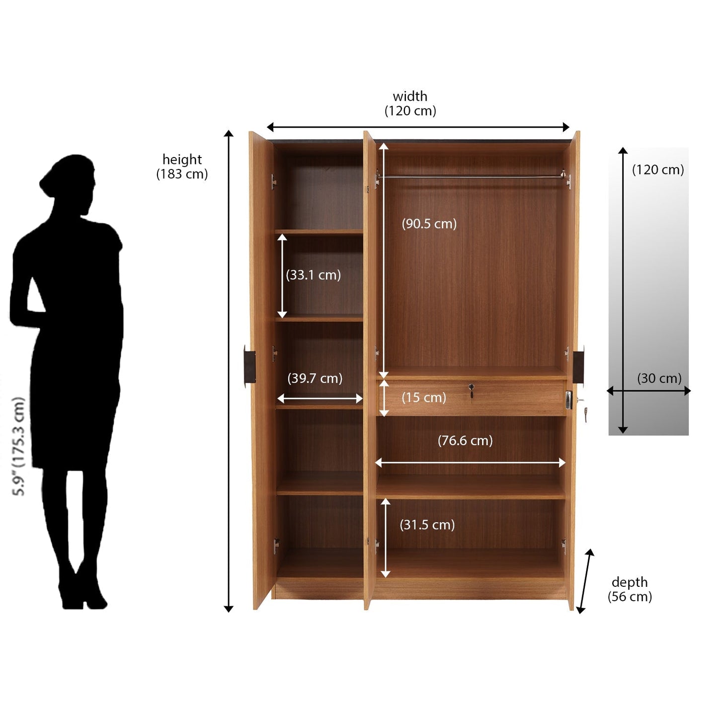 Nilkamal Milford 3 Door Wardrobe With Mirror (Urban Teak)