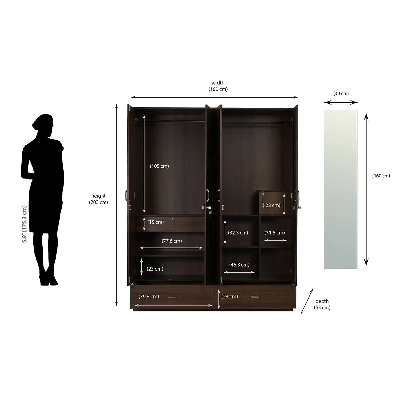 Nilkamal Mozart 4 Door Mirror Wardrobe (Walnut)
