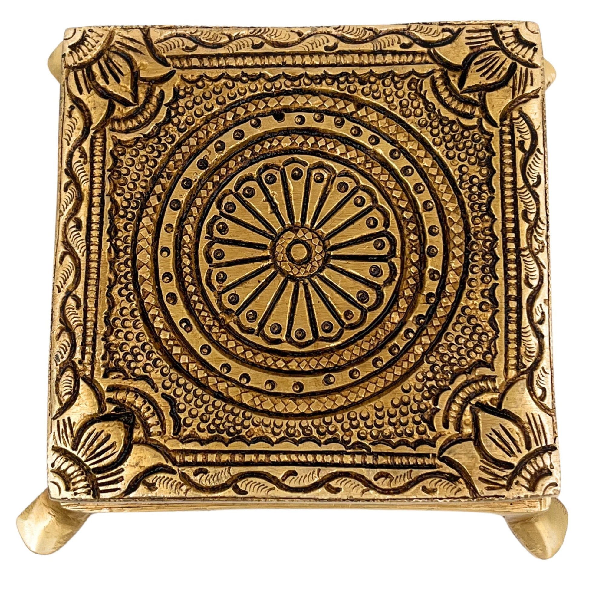 Brass Pooja Chowki – Handcrafted Peetha Singhasan for Deity | Traditional Peetal Bajot for Home Temple, Mandir, Kalash Stand, Pital Aasan Decor, Gold, 2 Inch, 1 Piece