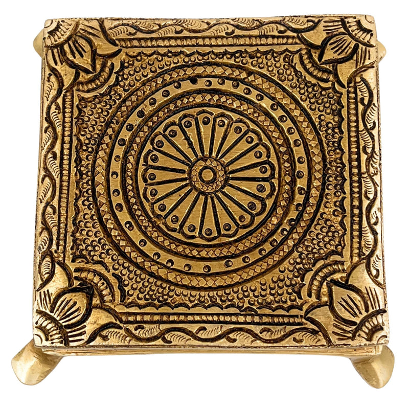 Brass Pooja Chowki – Handcrafted Peetha Singhasan for Deity | Traditional Peetal Bajot for Home Temple, Mandir, Kalash Stand, Pital Aasan Decor, Gold, 2 Inch, 1 Piece