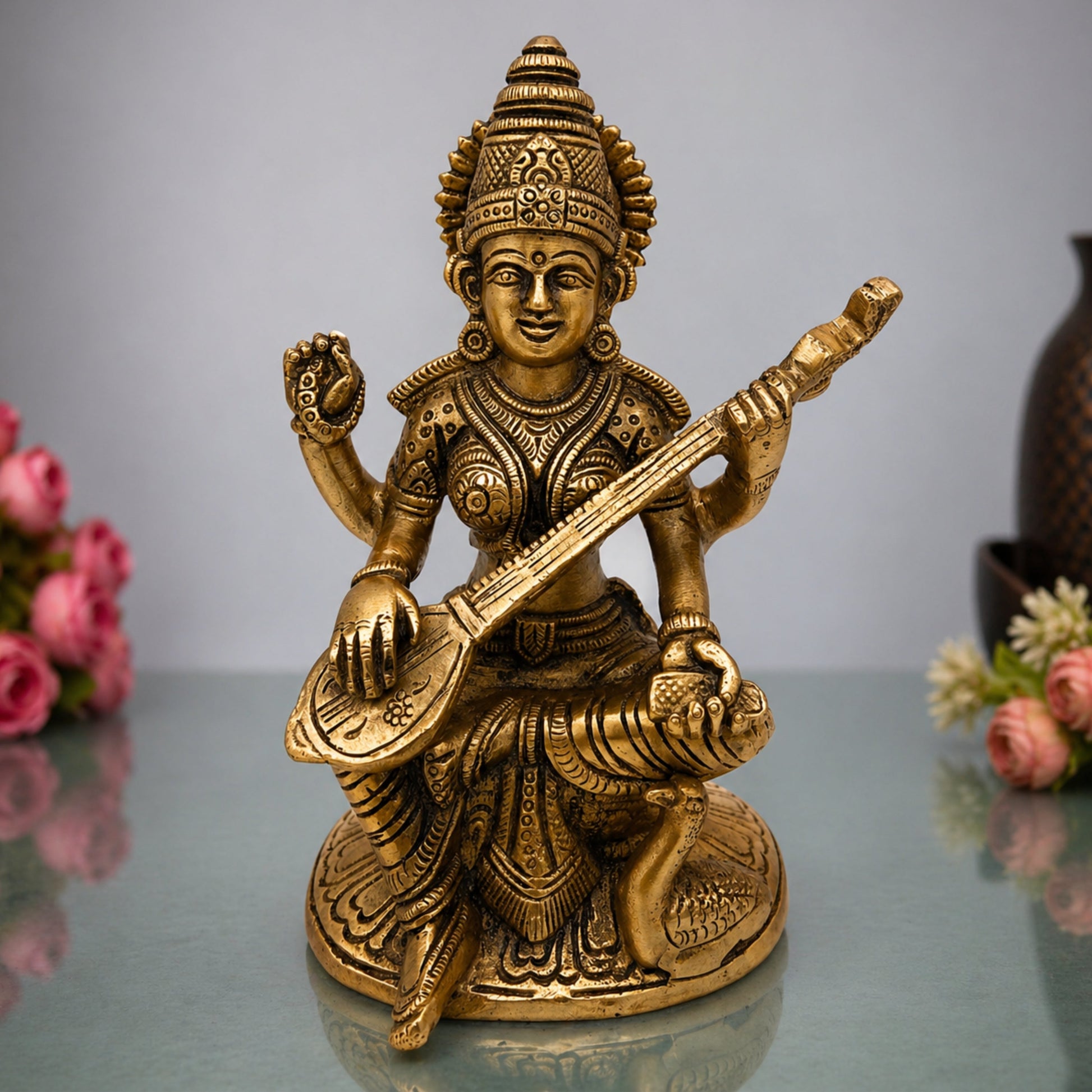 Brass Saraswati Idol, Maa Saraswati Murti, Vidya Devi Statue, Sharada Vagdevi Pratima, Veena Dhari Moorti for Puja & Home Decor, Gold, 7 Inch, 1 Piece